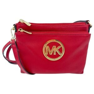 Michael Kors Red Crossbody Bag Gold MK Logo Double Zip Small Purse